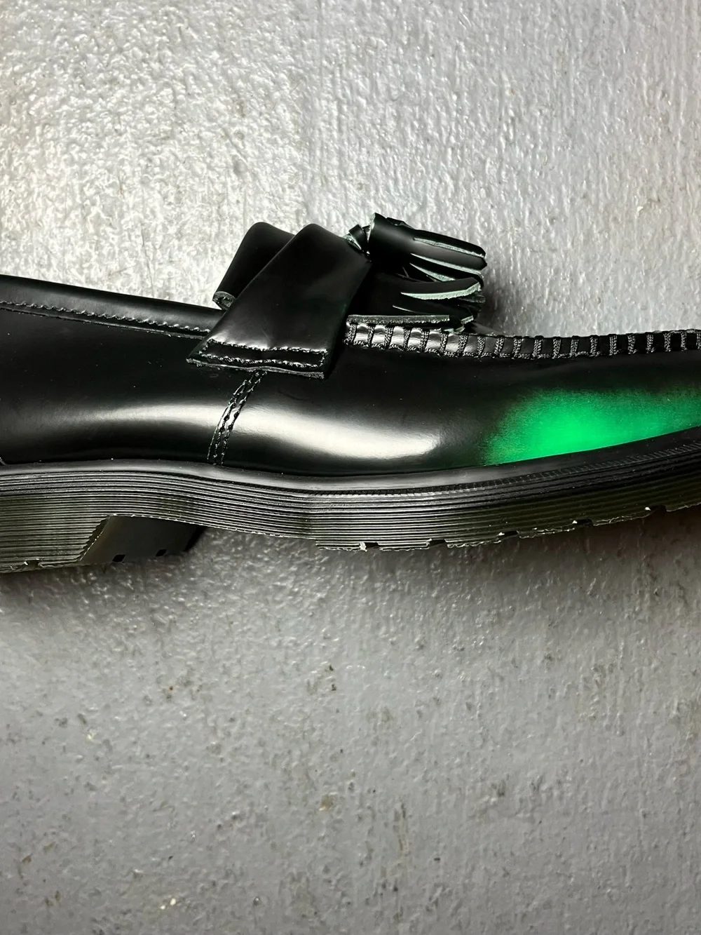 Dr. Martens Black Loafers with Green Toe Accent and Tassels